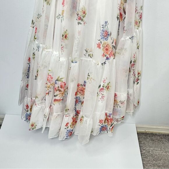 Mac Duggal 67940 Size 2 Floral Print Cutout Waist Tiered White Multicolor Dress - Picture 8 of 10